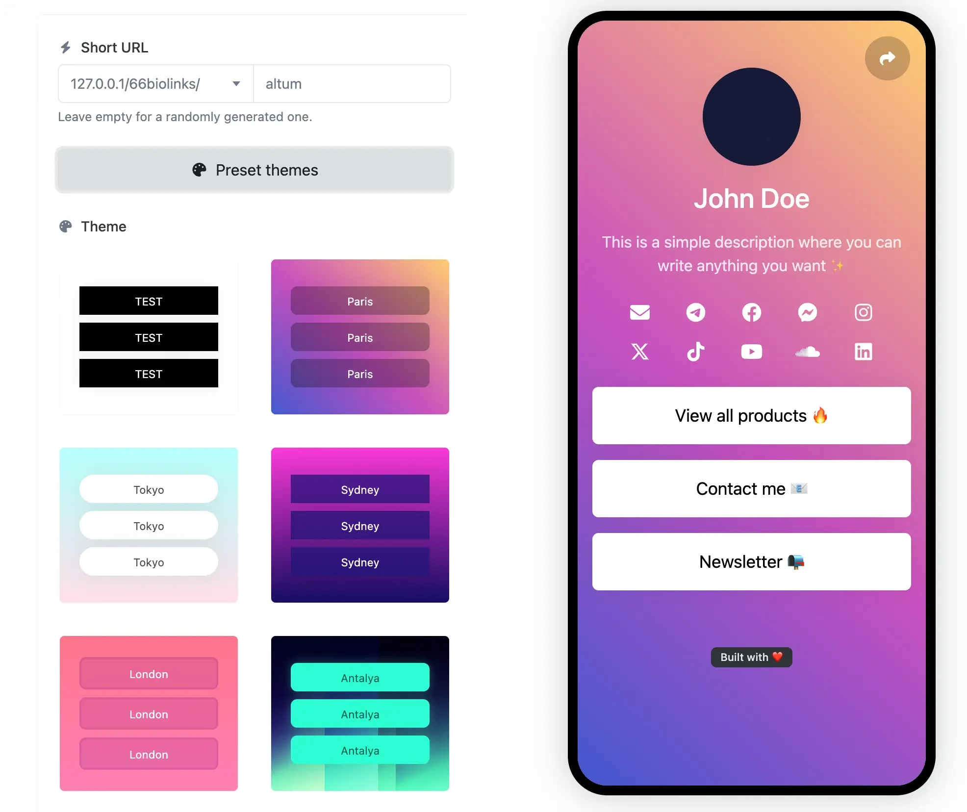 Screenshot of the app biolink editing page